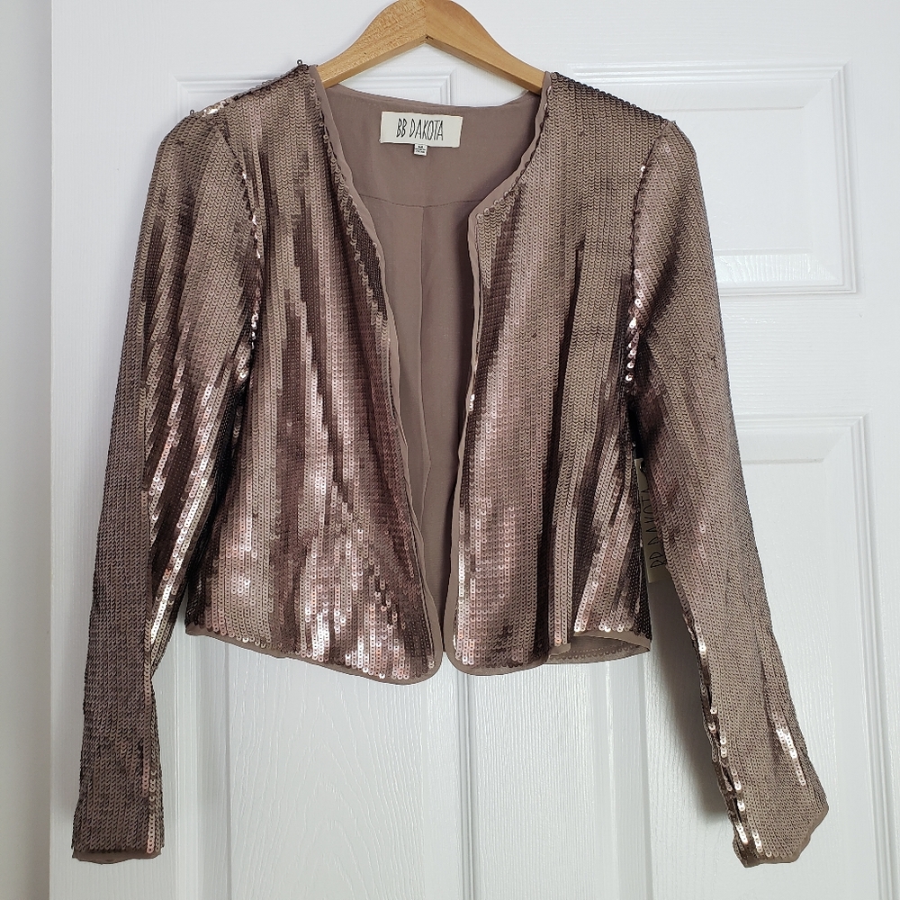 NWT BB Dakota champagne brown tan sequin open jacket, size M, BB42802